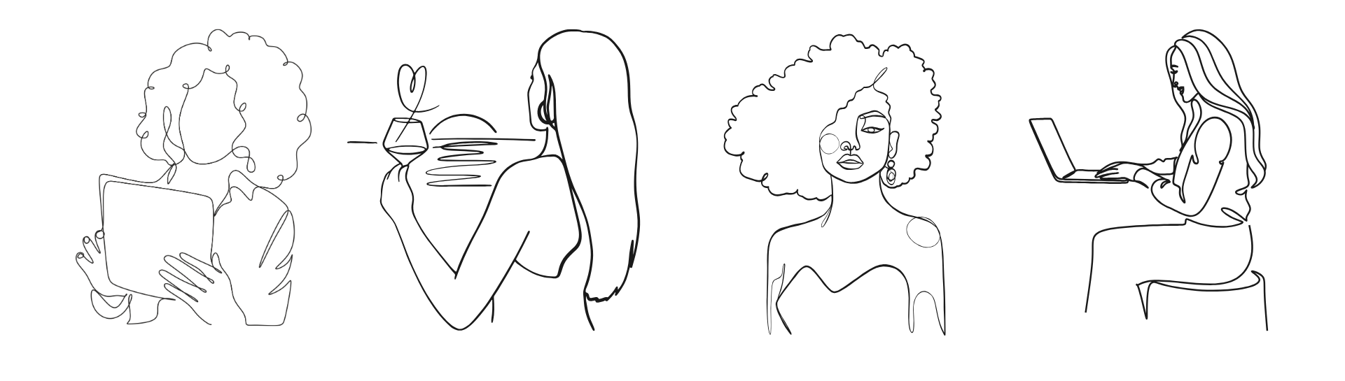 continuous line illustration of a woman holding an ipad, a woman holding a wine glass looking over a sunrise, a woman with curly hair looking straight on and a woman working at a laptop.