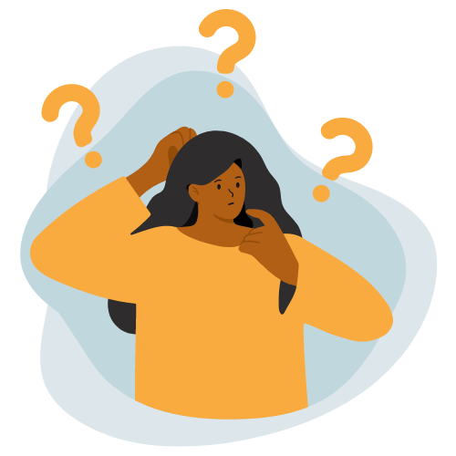 Graphic of woman with dark hair looking puzzled with question mark surrounding her