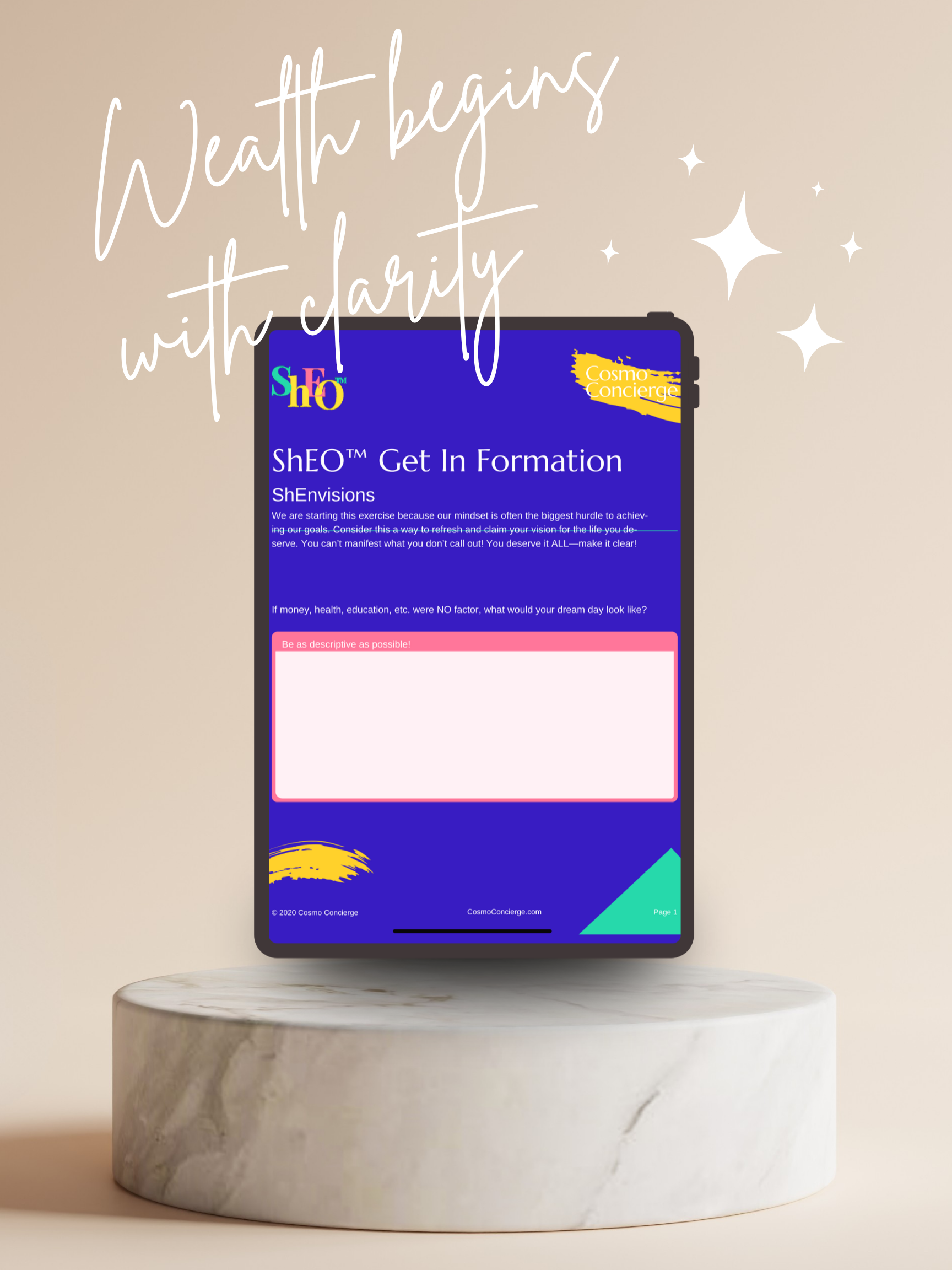 ShEnvisions worksheet on an ipad. with the words "Wealth begins with clarity" in cursive.